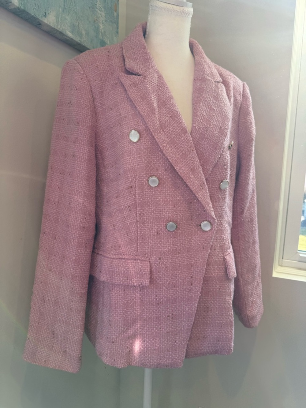Pink Tweed Blazer Barbiecore XL Double Breasted Pearl Button Notched Lapel